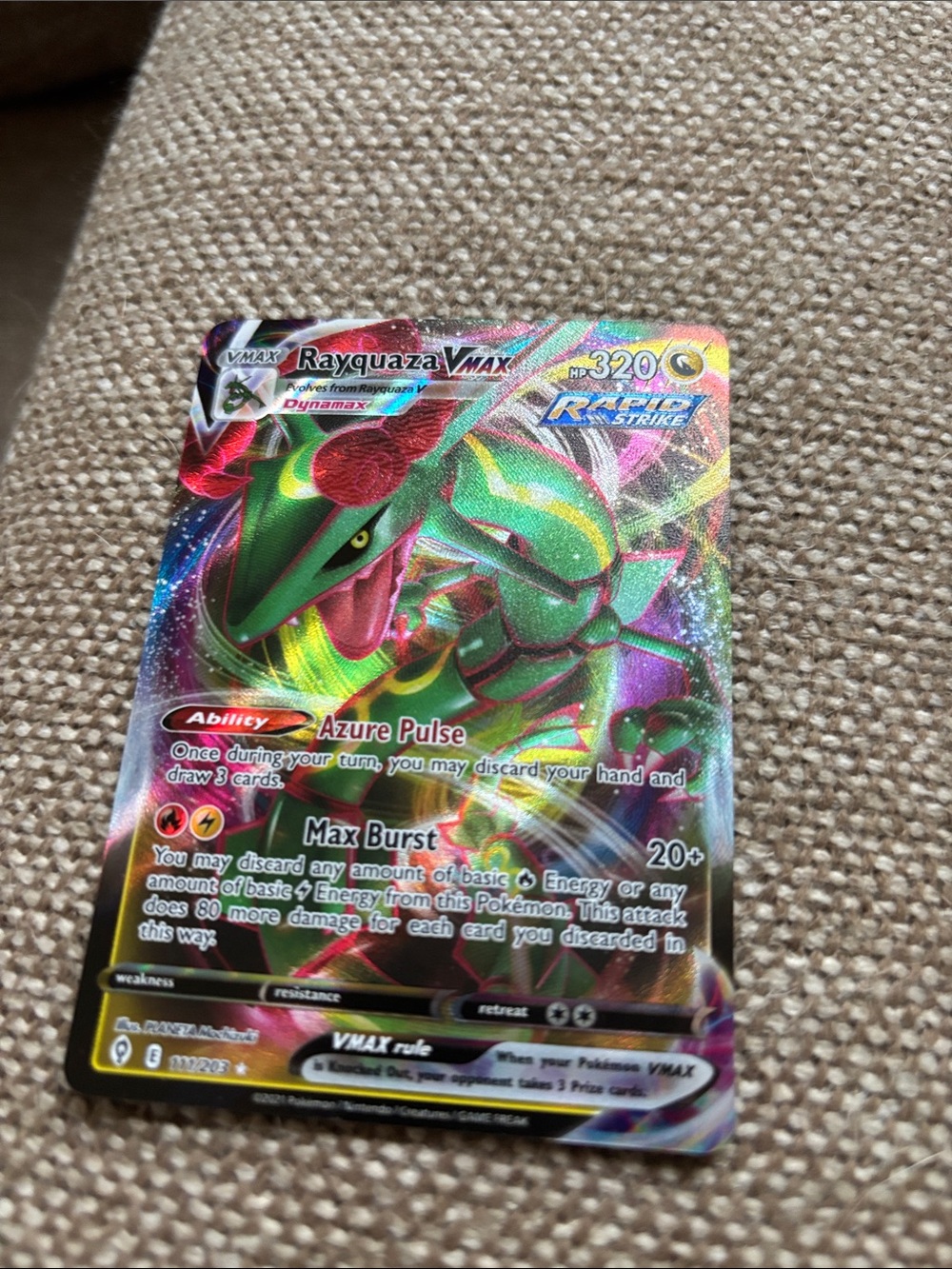 Pokemon Rayquaza VMAX Holographic Card - Green, Red, Purple